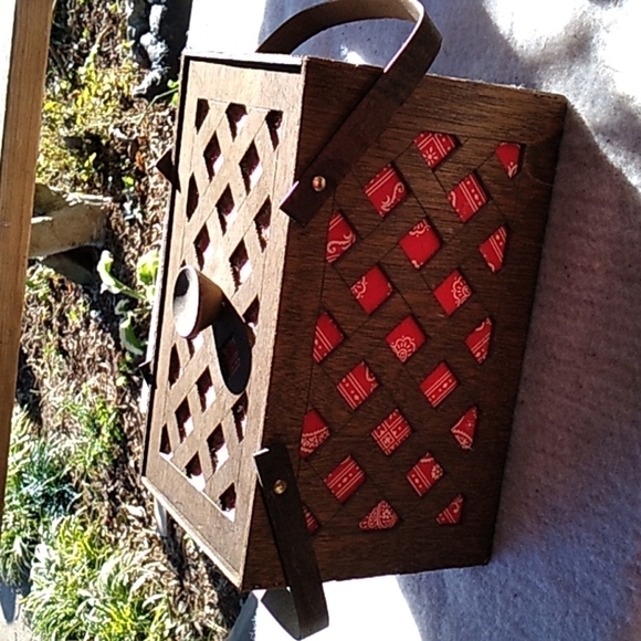 Vintage wood and red bandana sewing box - Picture 1 of 3